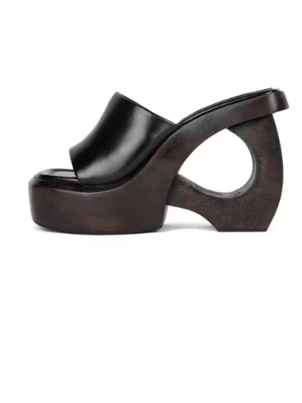 FSJ Black Open Toe Cutout Sculptural Wedge Heel Platform Mules